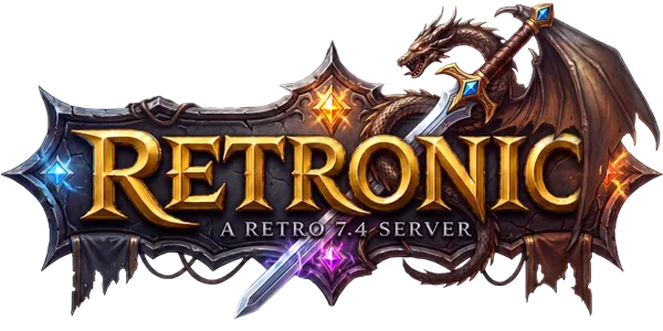 Retronic Online — faithful 7.4 (2004) recreation logo; XyroBot adds cavebot, healing, targeting and loot